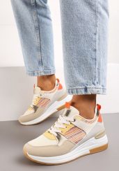 Beżowo-Pomarańczowe Sneakersy z Niskim Koturnem i Ozdobnymi Wstawkami Ysabeltia. Brązowe obuwie sportowe damskie Renee, z materiału, bez zapięcia. Za 119.99 zł.