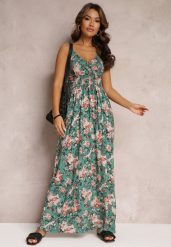 Ciemnozielona Rozkloszowana Sukienka Maxi na Regulowanych Ramiączkach z Gumką w Talii Gwendi. Zielone sukienki damskie Renee, bez wzorów, z wiskozy, retro, bez ramiączek. W wyprzedaży za 75.99 zł.