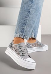 Szare Trampki Vices z Siateczki z Cekinami na Grubej Podeszwie Telanila. Szare trampki damskie Renee, bez wzorów, z jeansu, bez zapięcia. Za 59.99 zł.