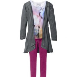 Shirt, kardigan + legginsy (3 części) bonprix biel wełny - dymny szary - fioletowy. Legginsy dziewczęce marki FOUGANZA. Za 74.99 zł.