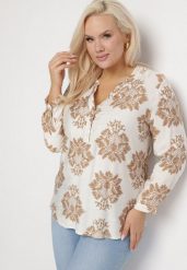 Biało-Beżowa Koszula w Ornamentalny Print z Wiskozą Elnelira. Brązowe koszule damskie Born2be, xl, bez wzorów, z wiskozy, bez kołnierzyka, bez ramiączek. Za 69.99 zł.