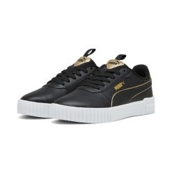 Damskie sneakersy Carina 2.0 Pop Up Metallics PUMA Black Gold White. Białe obuwie sportowe damskie Puma, ze skóry, bez zapięcia, trekkingowe. W wyprzedaży za 204.00 zł.