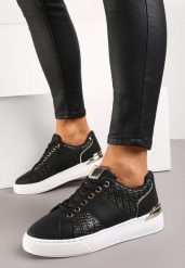 Czarne Sneakersy na Grubej Podeszwie z Plecioną Wstawką i Błyszczącymi Detalami Issla. Czarne obuwie sportowe damskie Born2be, bez zapięcia. Za 84.99 zł.