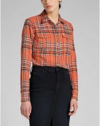 LEE REGULAR WESTERN SHIR DAMSKA KOSZULA MATERIAŁOWA Z DŁUGIM RĘKAWEM MATERIAŁ LOGO DESERT ORANGE L45SXGOB 112140160. Pomarańczowe koszule damskie Lee, l, bez wzorów, z materiału, bez kołnierzyka, bez ramiączek. Za 129.99 zł.