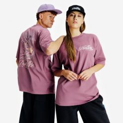 Koszulka z grafiką unisex Relax. Fioletowe koszulki damskie Decathlon, xl, bez wzorów, z bawełny, bez kołnierzyka, bez ramiączek. Za 89.99 zł.