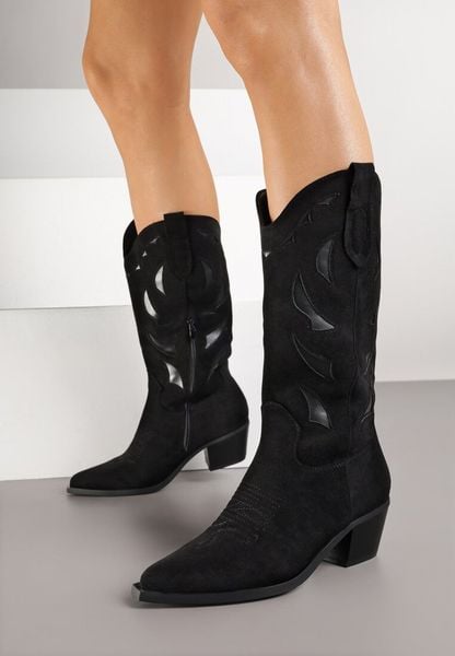 Czarne Botki Kowbojki na Stożkowym Obcasie z Geometrycznym Wzorem Lativia. Czarne botki damskie Born2be, z jeansu, klasyczne, bez obcasa, na obcasie, bez zapięcia. Za 159.99 zł.