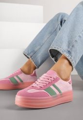 Różowe Sneakersy Tenisówki z Ozdobnymi Paskami Melinella. Czerwone obuwie sportowe damskie Born2be, z jeansu, bez zapięcia, tenisowe. Za 109.99 zł.