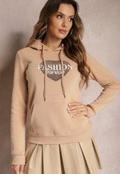 Beżowa Bluza Kangurka Ocieplona Polarem z Ozdobnym Nadrukiem Elili. Brązowe bluzy damskie Renee, l, bez wzorów, z jeansu, bez kaptura. Za 79.99 zł.