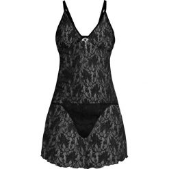 Koszulka nocna + stringi (2 części) bonprix czarny. Czarne koszulki damskie bonprix, w koronkowe wzory, z koronki. Za 69.99 zł.