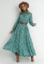 Zielono-Niebieska Sukienka Koszulowa w Ornamentalny Wzór Midis. Zielone sukienki damskie Born2be, bez wzorów, z wiskozy, eleganckie, bez ramiączek. W wyprzedaży za 110.49 zł.