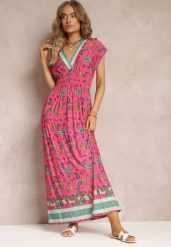 Różowa Rozkloszowana Sukienka Maxi z Printem Paisley z Gumką w Pasie Zoenia. Czerwone sukienki damskie Renee, bez wzorów, bez ramiączek. W wyprzedaży za 39.99 zł.