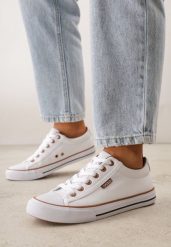 Biało-Brązowe Klasyczne Trampki do Kostki z Lamówką przy Podeszwie Kasiope. Białe trampki damskie Born2be, bez wzorów, z jeansu, bez zapięcia. Za 59.99 zł.