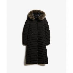 Długa kurtka z kapturem z sztucznego futra dla kobiet Superdry Fuji. Czarne kurtki damskie Superdry, na zimę, l, z aplikacjami, z puchu, z kapturem. Za 723.05 zł.