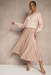 Jasnobeżowa Plisowana Spódnica Rozkloszowana z Gumką w Talii Noriri. Brązowe spódnice damskie Renee, na co dzień, bez wzorów, eleganckie, midi. Za 59.99 zł.