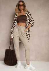 Beżowe Spodnie Dresowe z Wiskozą High Waist Ozdobione Sznurkiem Ellivenna. Brązowe spodnie dresowe damskie Renee, bez wzorów, z dresówki. Za 39.99 zł.