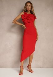 Czerwona Koktajlowa Asymetryczna Sukienka Vices z Kwiatem 3D i Falbankami Tolelira. Czerwone sukienki damskie Renee, bez wzorów, eleganckie, bez ramiączek. W wyprzedaży za 111.99 zł.