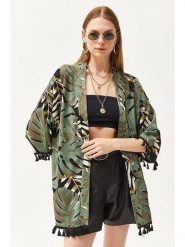 Trendyol Kimono w kolorze czarno-brązowo-zielonym rozmiar: M. Brązowe swetry klasyczne damskie Trendyol, m, z bawełny, bez kołnierzyka. Za 66.00 zł.