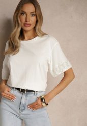 Biała Bawełniana Bluzka z Koralikami na Rękawach Tasmoi. Białe bluzki damskie Renee, l, z aplikacjami, z bawełny, bez kołnierzyka, bez ramiączek. Za 69.99 zł.