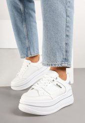 Białe Sneakersy z Brokatem na Platformie Larinea. Białe obuwie sportowe damskie Renee, z jeansu, bez zapięcia. Za 79.99 zł.