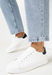 Biało-Czarne Wiązane Sneakersy na Płaskiej Podeszwie z Okrągłym Noskiem Adephine. Białe obuwie sportowe damskie Born2be, z jeansu, bez zapięcia. Za 54.99 zł.