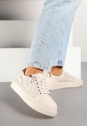 Beżowe Sneakersy ze Skóry Naturalnej ze Skórzaną Wkładką i Perforacją Falothra. Brązowe obuwie sportowe damskie Renee, z jeansu, bez zapięcia. Za 159.99 zł.