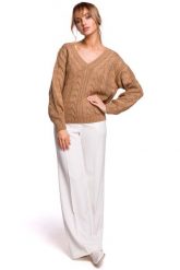 Sweter z Dekoltem w Serek - Beżowy. Brązowe swetry klasyczne damskie MOE, l, z materiału, bez kołnierzyka. Za 209.90 zł.
