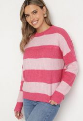 Różowy Sweter w Pasy z Wełną Zakończony Ściągaczem Tiaelle. Czerwone swetry klasyczne damskie Born2be, z wełny, bez kołnierzyka. Za 129.99 zł.