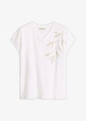 T-shirt z bawełny organcznej. Białe t-shirty damskie bonprix, z aplikacjami, z bawełny, bez kołnierzyka. Za 67.99 zł.