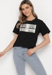 Czarny Bawełniany T-shirt z Ozdobnym Nadrukiem Jalliana. Czarne t-shirty damskie Born2be, m, bez wzorów, z bawełny, bez kołnierzyka. Za 49.99 zł.