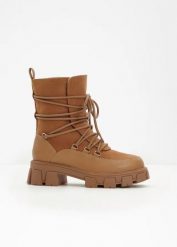 Botki sznurowane, ocieplane. Brązowe botki damskie bonprix, bez obcasa, bez zapięcia. Za 149.99 zł.
