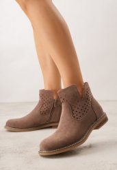 Jasnobrązowe Ażurowe Botki na Płaskiej Podeszwie ze Skórzaną Wkładką Terilara. Brązowe botki damskie Renee, z jeansu, bez obcasa, na płaskiej podeszwie, bez zapięcia. Za 179.99 zł.