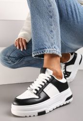 Biało-Czarne Sneakersy z Ekoskóry na Grubej Podeszwie z Ozdobnymi Wstawkami Sarnei. Białe obuwie sportowe damskie Renee, z materiału, bez zapięcia. Za 89.99 zł.