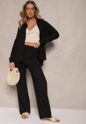 Czarny Komplet z Tłoczonego Materiału Koszula Oversize i Spodnie Taccaria. Czarne koszule damskie Renee, bez wzorów, z materiału, eleganckie, bez kołnierzyka, bez ramiączek. Za 149.99 zł.