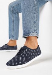 Granatowe Tenisówki w Kropki przed Kostkę Renormia. Niebieskie obuwie sportowe damskie Born2be, przed kostkę, bez zapięcia, tenisowe. Za 34.99 zł.