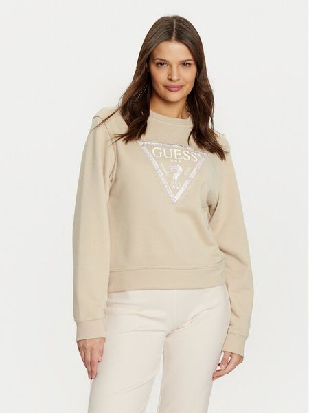 Guess Bluza W5RQ09 K8802 Beżowy Regular Fit. Brązowe bluzy damskie Guess, xxl, z aplikacjami, z bawełny, bez kaptura. Za 219.99 zł.