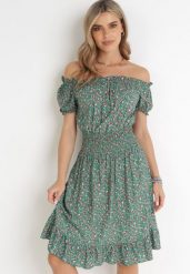 Zielona Sukienka Hiszpanka z Bawełny z Gumką w Pasie Viliana. Zielone sukienki damskie Born2be, bez wzorów, z bawełny, eleganckie, bez ramiączek. W wyprzedaży za 46.74 zł.
