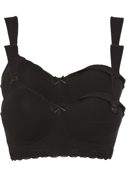 Biustonosz do karmienia, bez fiszbinów, z bawełny organicznej (2 szt.). Czarne biustonosze bonprix, bez wzorów, z bawełny. Za 124.99 zł.