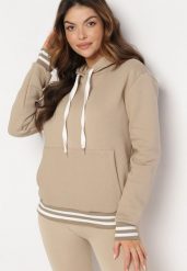 Beżowa Bawełniana Bluza z Kapturem i Ściągaczami w Paski Nempis. Brązowe bluzy damskie Born2be, na zimę, bez wzorów, z bawełny, z kapturem. Za 99.99 zł.