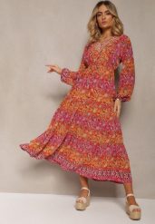 Czerwona Sukienka z Dekoltem w V o Rozkloszowanym Fasonie w Print Paisley Akka. Czerwone sukienki damskie Renee, bez wzorów, z zamszu, eleganckie, bez ramiączek. W wyprzedaży za 75.99 zł.