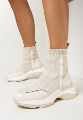 Beżowe Sneakersy na Płaskiej Grubej Podeszwie ze Skarpetkową Cholewką Sonvala. Brązowe obuwie sportowe damskie Born2be, z materiału, za kostkę, bez zapięcia. Za 69.99 zł.