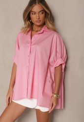 Różowa Koszula z Bawełny Oversize Zienessa. Czerwone koszule damskie Renee, bez wzorów, z bawełny, eleganckie, bez kołnierzyka, bez ramiączek. Za 74.99 zł.