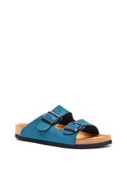 Comfortfusse Skórzane klapki w kolorze granatowym rozmiar: 40. Niebieskie klapki damskie Comfortfüße, bez wzorów, z otwartym noskiem, bez obcasa, bez zapięcia. Za 174.84 zł.