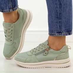 Zielone skórzane sneakersy damskie Sergio Leone Sp116. Zielone obuwie sportowe damskie Sergio Leone, na lato, z jeansu, bez zapięcia, trekkingowe. Za 209.00 zł.