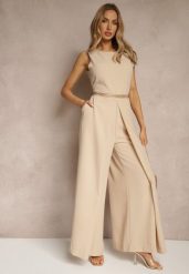 Beżowy Kombinezon Bez Rękawów z Nogawkami Wide Leg Noreldi. Brązowe sukienki damskie Renee, bez wzorów, eleganckie, bez ramiączek. W wyprzedaży za 127.99 zł.