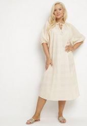 Beżowa Bawełniana Sukienka Oversize z Wiązaniem pod Szyją Tolanea. Brązowe sukienki damskie Born2be, bez wzorów, z bawełny, bez ramiączek. W wyprzedaży za 67.99 zł.