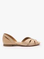 Beżowe baleriny z odkrytymi palcami. Brązowe balerinki damskie Ryłko, bez wzorów, ze skóry, z okrągłym noskiem. Za 399.99 zł.