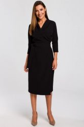 Elegancka sukienka kopertowa midi z paskiem czarna. Czarne sukienki damskie Stylove, bez wzorów, z elastanu, biznesowe, bez ramiączek. Za 275.00 zł.