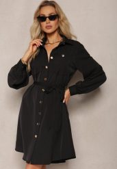 Czarna Sukienka o Koszulowym Fasonie Utility z Bufiastymi Rękawami Wiązana w Pasie Emianna. Czarne sukienki damskie Renee, bez wzorów, biznesowe, bez ramiączek. Za 129.99 zł.