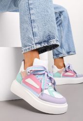 Biało-Fioletowe Sneakersy Na Niskiej Platformie z Szerokimi Sznurówkami we Wzorek Vidira. Białe obuwie sportowe damskie Renee, z materiału, bez zapięcia. Za 99.99 zł.