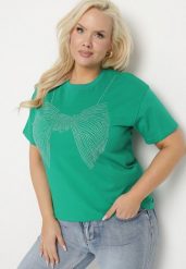 Ciemnozielony T-shirt ze Wzorem z Cyrkonii Olisellea. Zielone t-shirty damskie Born2be, xl, bez wzorów, z bawełny, bez kołnierzyka. Za 44.99 zł.